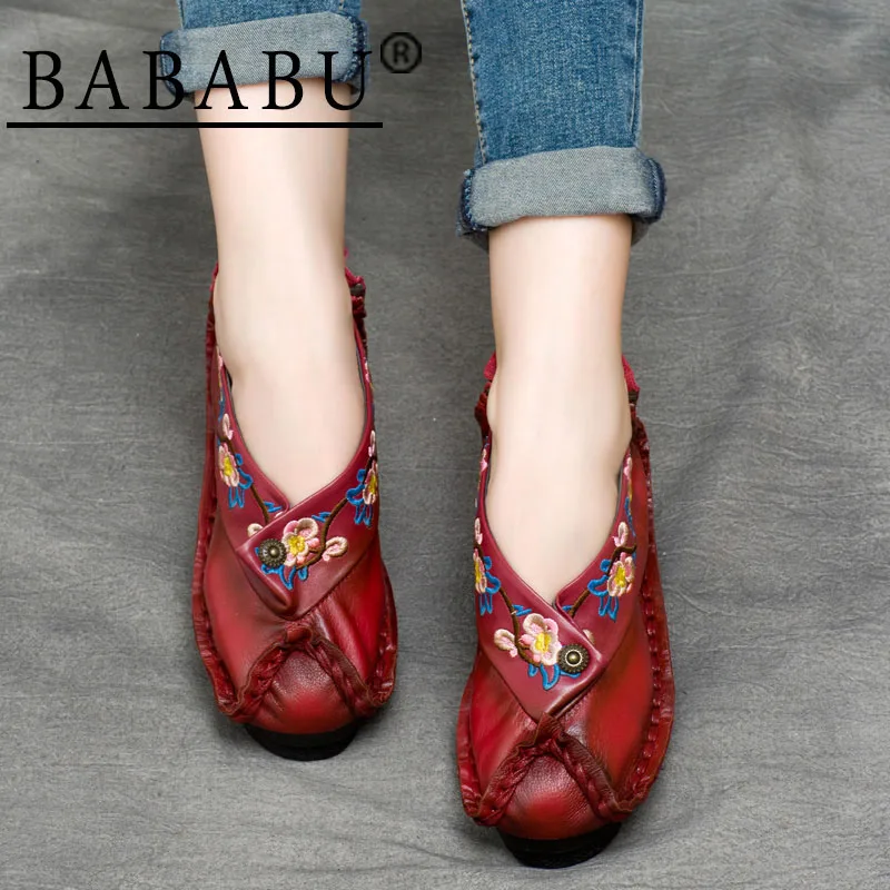 

Chinese Style Vintage Embroidered Genuine Leather Autumn Women Shoes Handmade Soft Soles Shallow Women's Flats Shoes