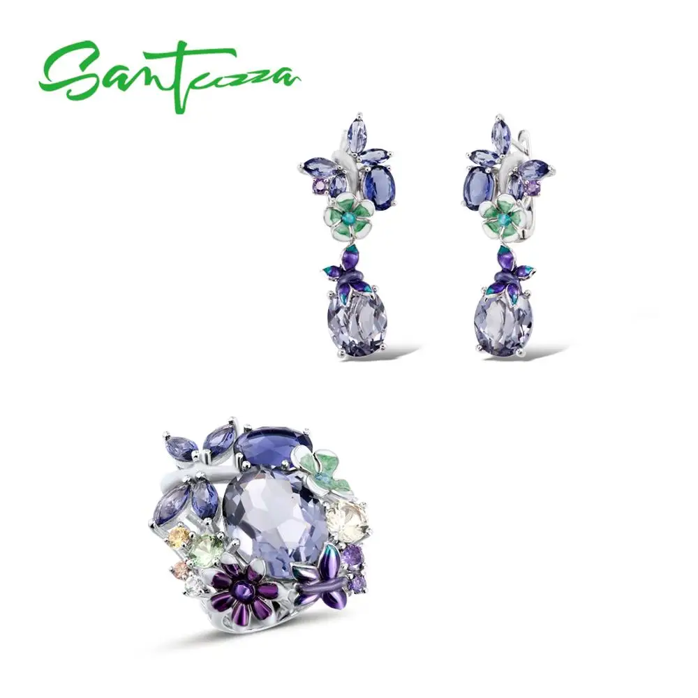  SANTUZZA Silver Jewelry Set For Women 925 Sterling Silver Butterfly Purple Stones Ring Earrings Fas