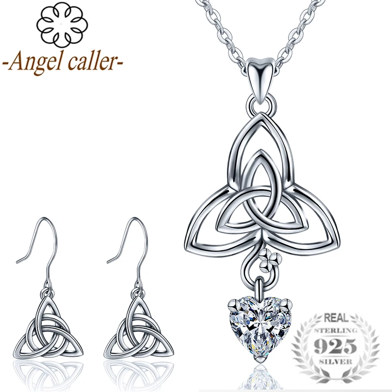 

Angel Caller 925 Sterling Silver Celtics Trinity Knot Jewelry Sets Necklace Dangle Earrings Crystal CZ Pendants Fine for Women