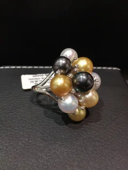 

hyperbole 9-10MM natural sea water pearl ring 18K white gold with diamonds gold white black color mixed fine women jewelry