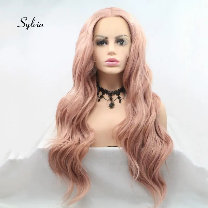 

Sylvia Rose Gold pink Color Natural Wave Hair Synthetic Lace Front Wigs Heat Resistant Fiber For Women Hair Natural Hairline