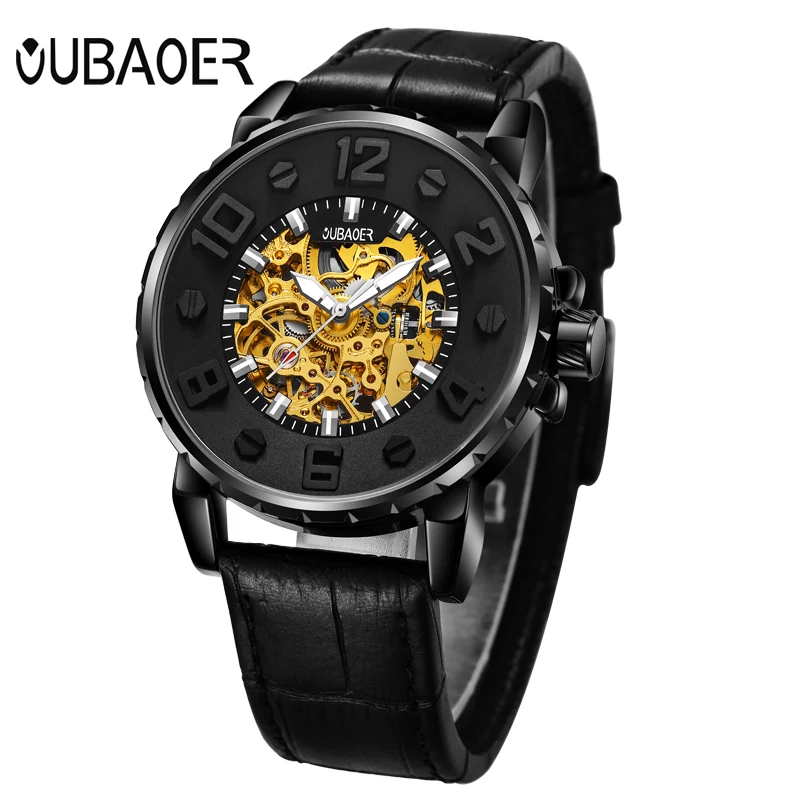 

OUBAOER Man Automatic Self-Wind Watches Leather Luminous Hand Men's Watches Fashion Casual Hollow Mechanical Wristwatches OB2004