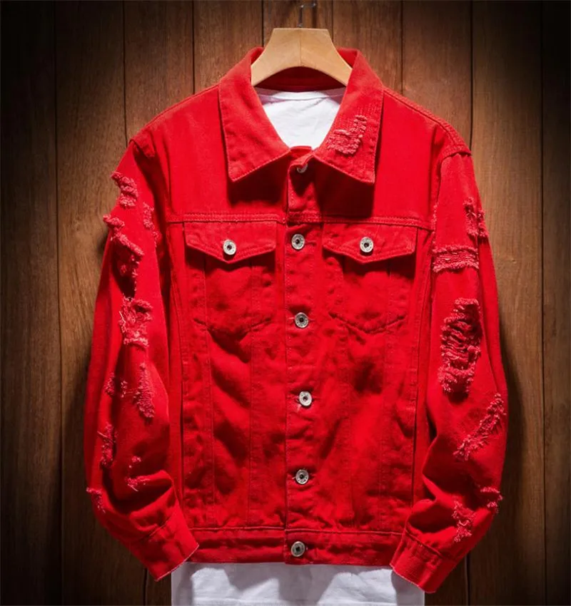 

Spring and Autumn New Korean Style Handsome Jean Jacket Coats Loose Fashion Korean Edition Fashion Jacket Breaking Hole Red Coll