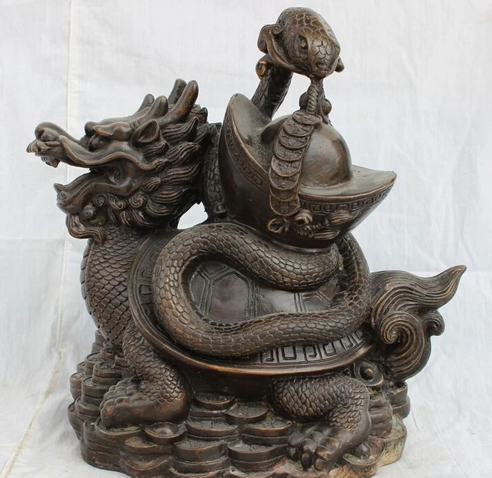 

11" Chinese Bronze YuanBao Coin Tortoise Snake On Dragon Turtle Xuan Wu Statue