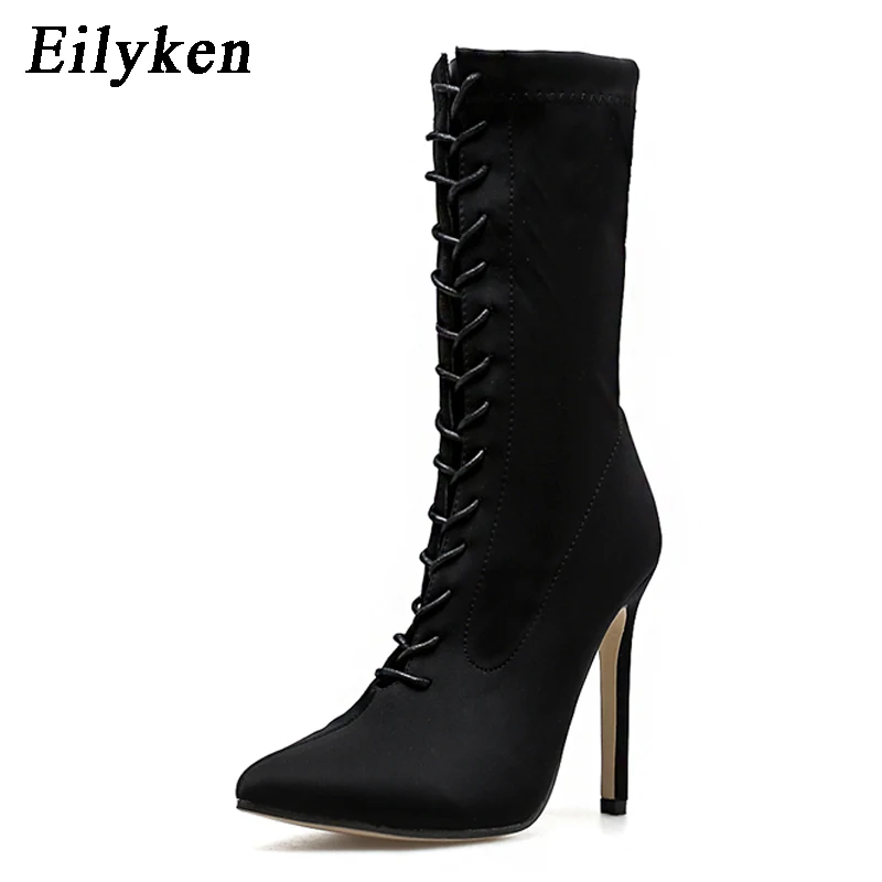 Eilyken/ г. Новые женские ботильоны из эластичной ткани пикантные ботинки «Челси» с острым носком на высоком каблуке, на шнуровке, абрикосового цвета Размеры 35-40 - Цвет: Black