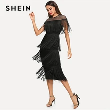 SHEIN Black Highstreet Party Going Out Elegant Sheer Yoke Layered Fringe Detail Dress Autumn Modern Lady Women Dresses