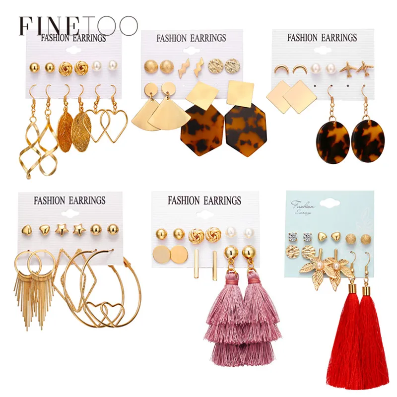 

Mixed Silk Tassel Small Knot Disc Ball Star Moon Heart Stud Earrings Set for Women Tortoise Acrylic Statement Long Earrings