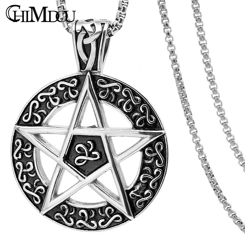 

CHIMDOU stainless steel circle magic pentagram necklaces retro black&silver color rock men's star pendant necklace PA026