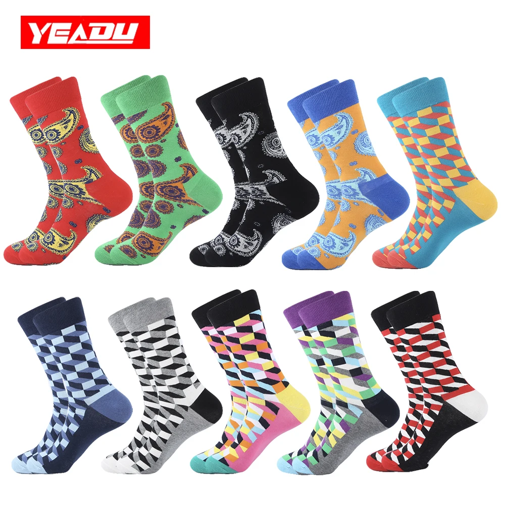 YEADU 10 пар/лот красочные чесаные хлопковые мужские носки счастливые заполненные