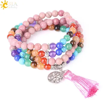 

CSJA 108 Mala Beads Bracelet Line Rhodonite Chakra Natural Stone Tassel Bracelets for Women Men Tree of Life Charms Jewelry F518