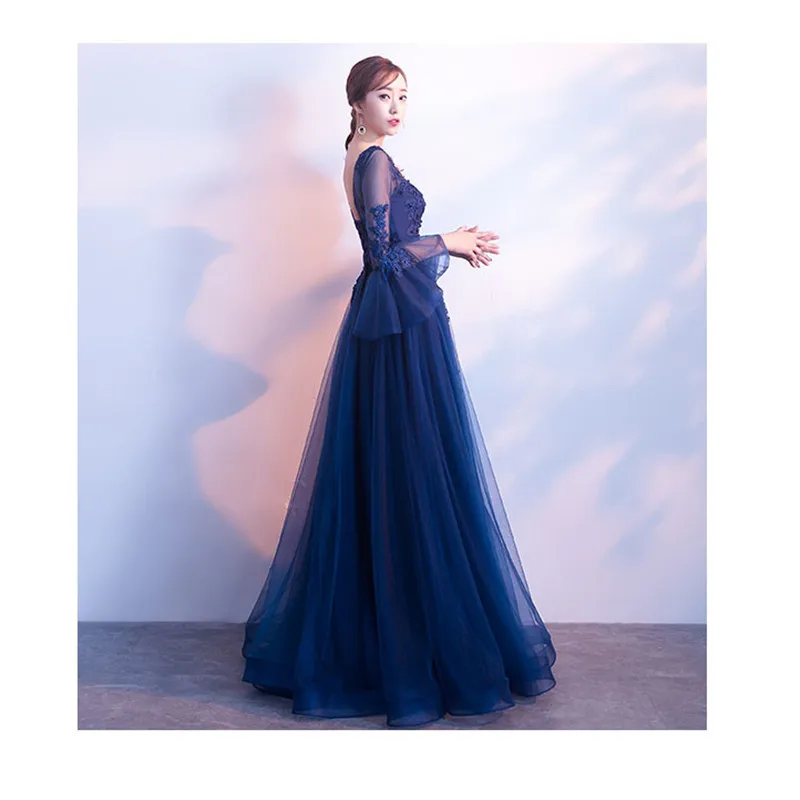 Это YiiYa вечернее платье Королевское синее с вышивкой, приталенное длинное женское вечернее платье с расклешенными рукавами, платье для вечеринки размера плюс E501