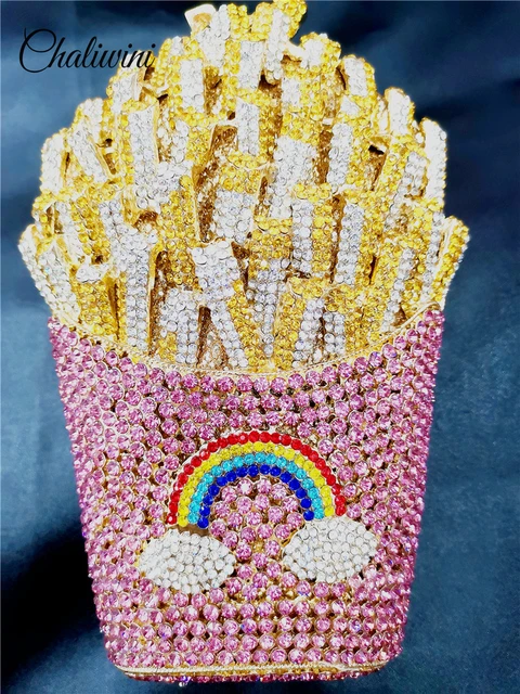 Cute French Fries Chips Rainbow Clutch Minaudiere Bag Women Crystal Evening  Diamond Wedding Prom Handbag Bridal Purse