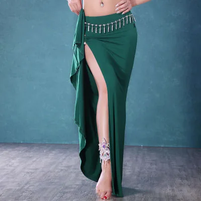 Женская одежда для танцев живота секси хлопок сплит юбка для танца живота для девочек юбка танца леди юбка одежды для танца живота M / L / XL - Цвет: Зеленый