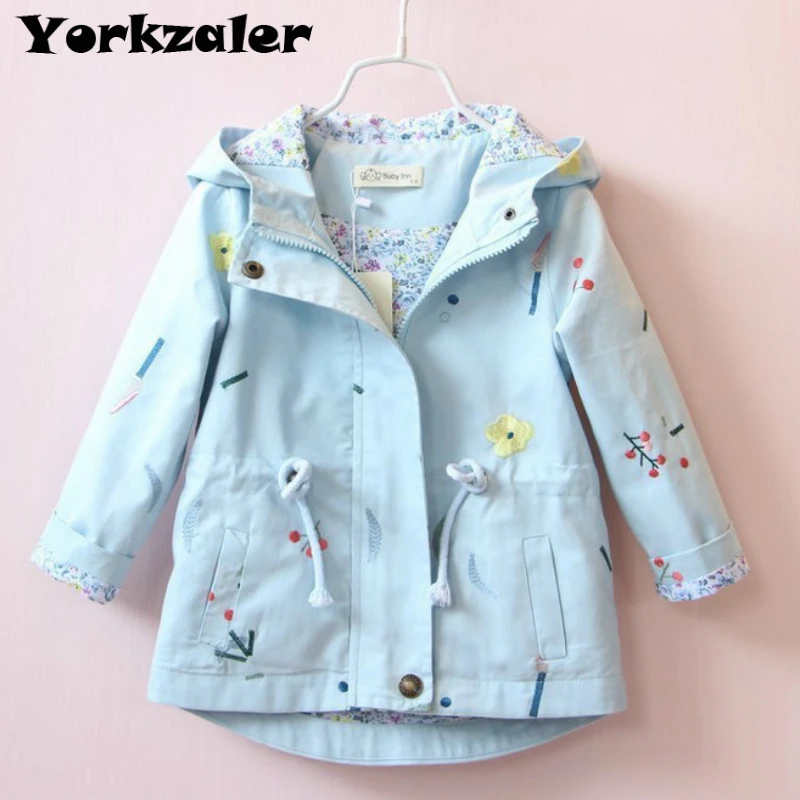 

2019 Spring Girls All Cotton Flowers Embroidery Windbreaker Clothes Children's Jacekets with Hats Long Coat Outerwear