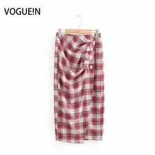 VOGUEIN новые женские Повседневное красный плед и клетчатым принтом Разделение миди Асимметричная юбка