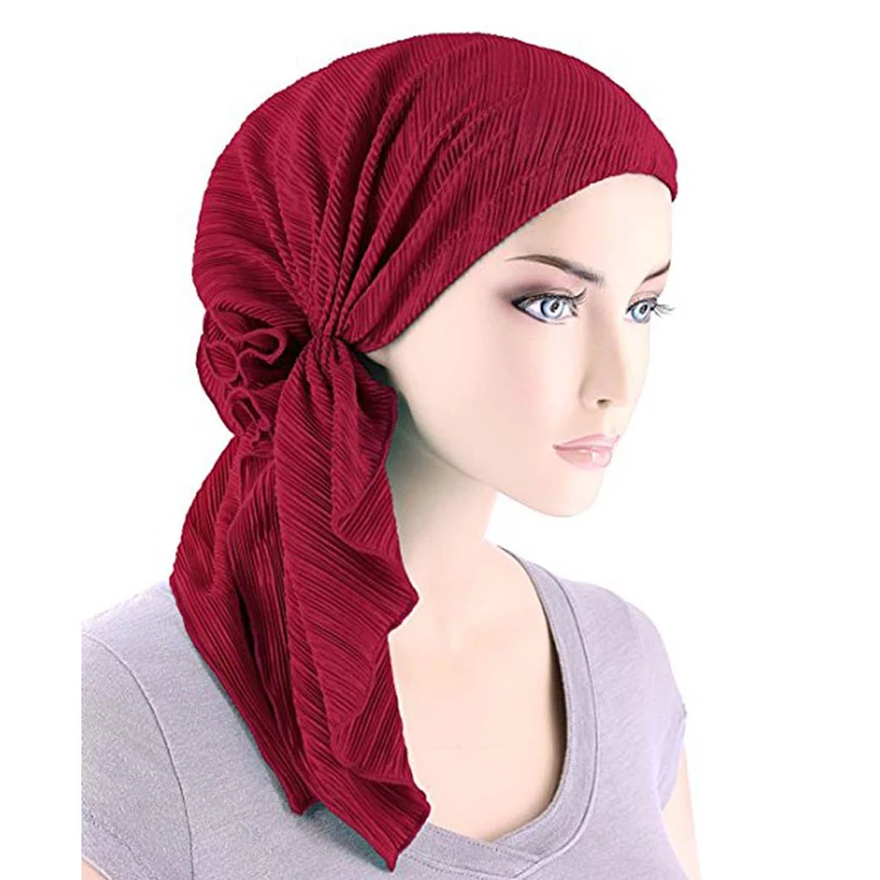 

Women's hair accessories stretch headscarf cap long pleated headscarf caps chemotherapy caps Muslim wraps