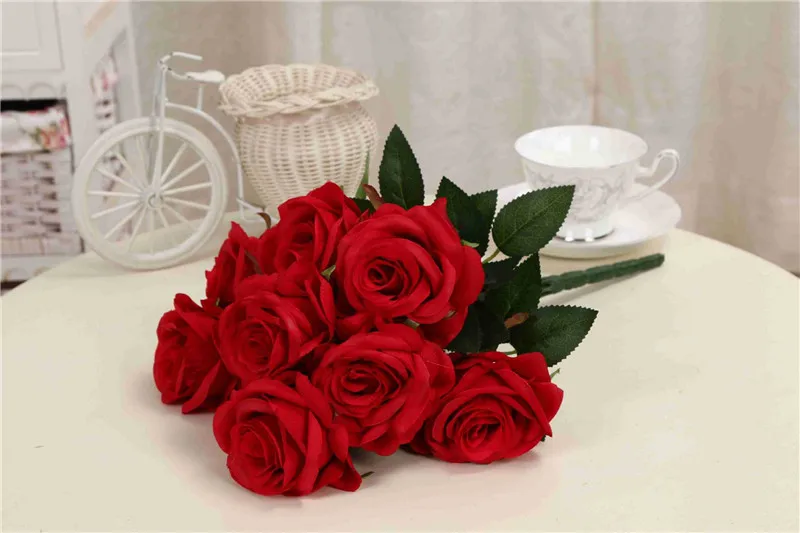 Flone 9 Heads Artificial French Style Rose Flowers Fake Silk Flower Simulation Bouquet Wedding Party Home Decoration Floral Art (7)
