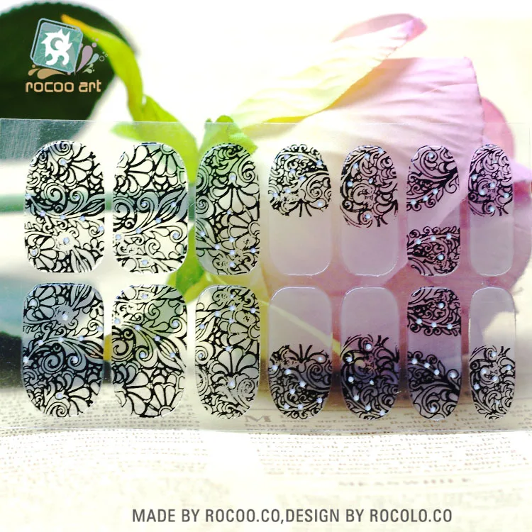 

Y5402/2016 Transparent Half Black Lace Striped Design Adhesive Nail Art Stickers Colorful Rinestones Decor Nail Wraps Decal