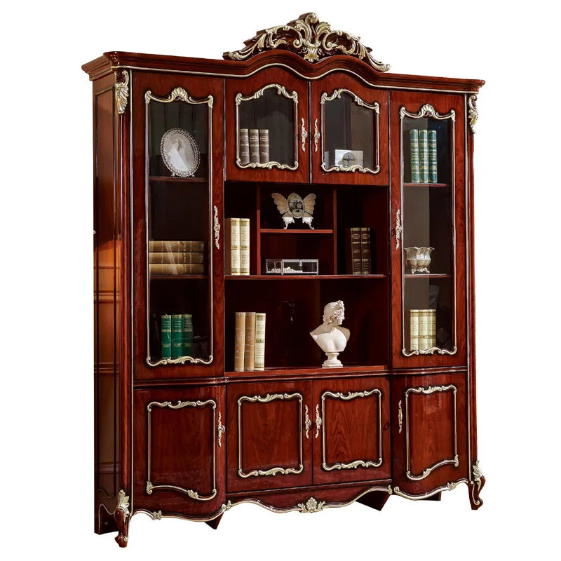 European style antique solid Wood Bookcase Bookshelf book cabinet Classical study Desk With arm Chair for study room furniture