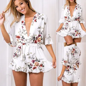 

V-neck Mini Playsuit Ladies Jumpsuit Summer Casual Fashion Ladies Floral Print Playsuit Summer Women's Clothing