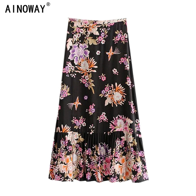 

Vintage chic fashion Hippie women bird floral printed Bohemian elegant black skirts Ladies Long rayon Maxi Skirts