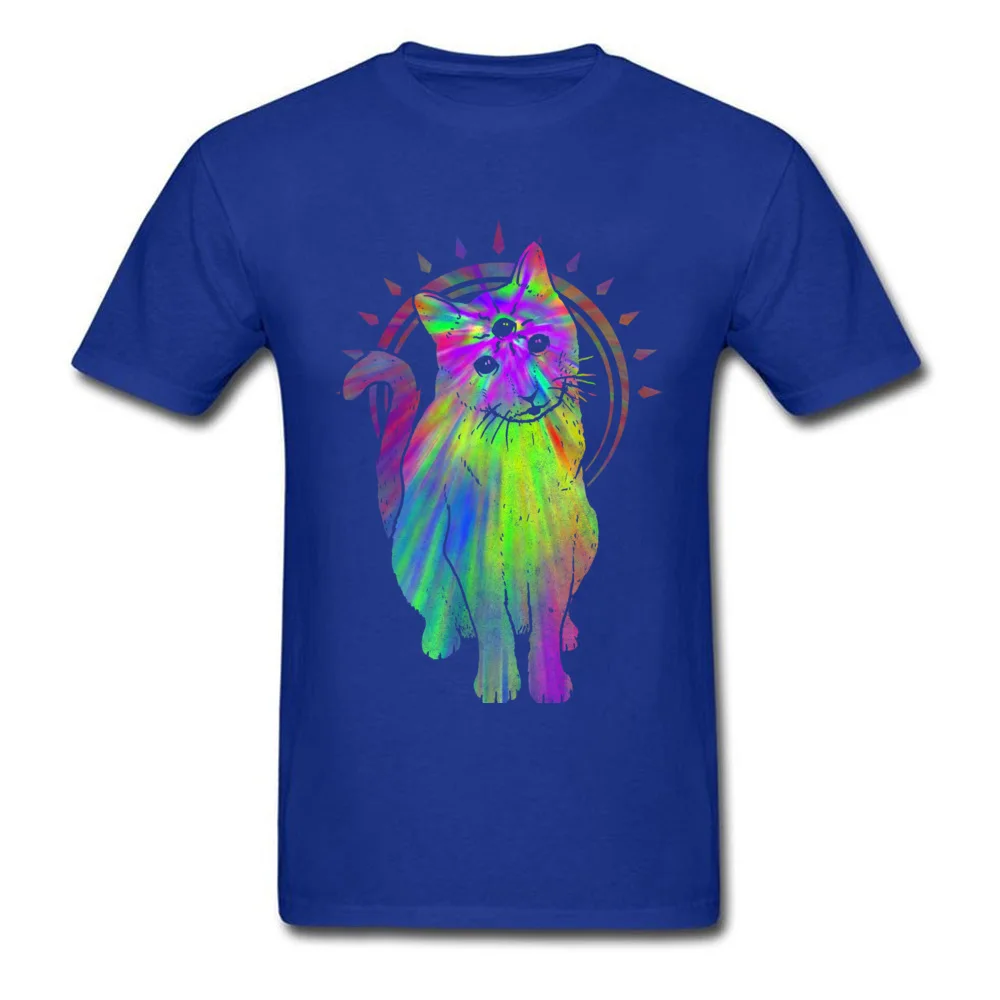 Psychic psychedelic trippy cat T Shirt New Fashion Mens ostern Day Tops & Tees Printed On Clothing Shirt Round Neck Pure Cotton Psychic psychedelic trippy cat blue