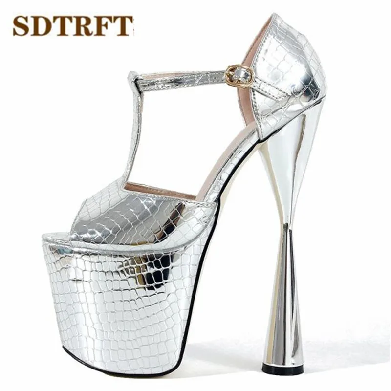 

SDTRFT US10 11 12 Summer Sandals 20cm Strange Stryle High-Heeled Female Shoes Gold/Sliver Platform Women T-strap Peep Toe Pumps