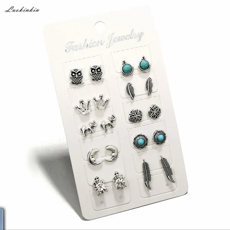 

elephant owl crown moon feather pumpkin truck stud women earrings set bohemian wind earrings fashion jewelry