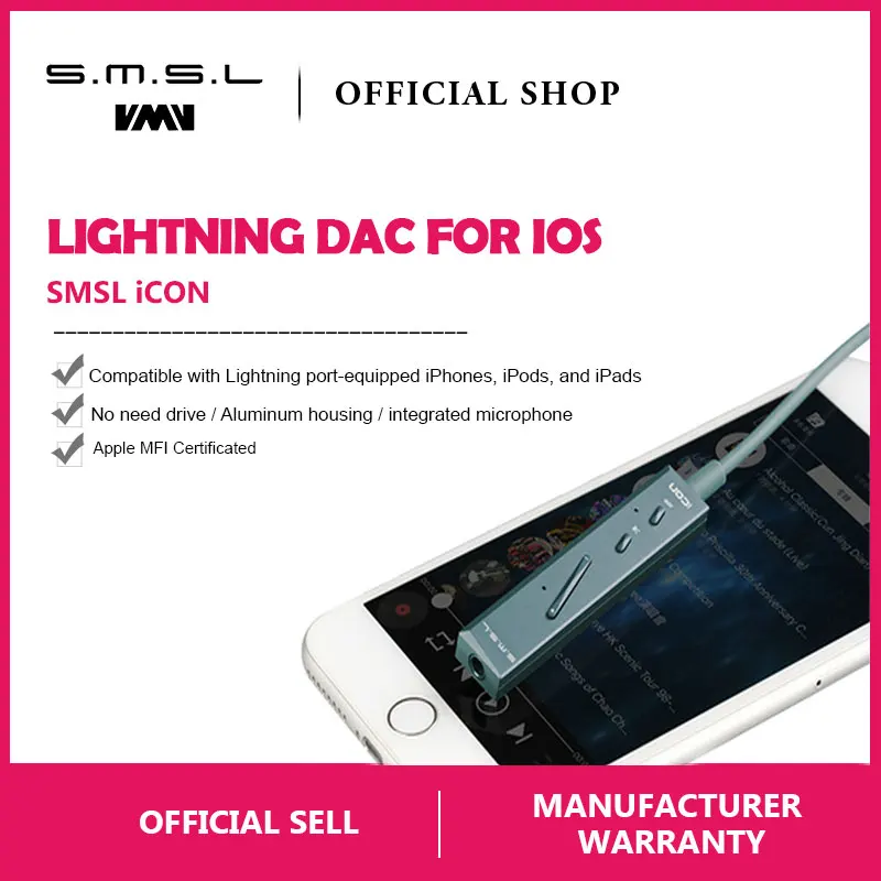 

SMSL Icon Portable Amp Lightning Input Decoder DAC/Amplifier and Headphone Amplifier Built-in Microphone for iPhone iPad IOS