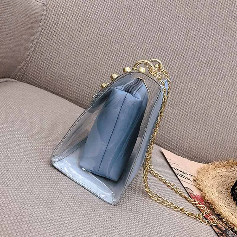 Fashion Sweet Women Lady Bag Clear Handbag Crossbody Composite Bag Transparent PVC Chain Pouch Tote New BS88