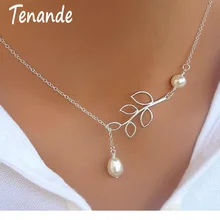 Tenande Hot Sale Silver Color Big Leaf Simulated Pearl Water Droplets Necklaces & Pendants for Women Jewelry Accessories Collier
