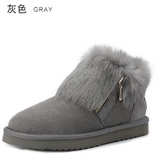 INOE/Модные женские зимние ботильоны из натуральной овечьей кожи с кроличьим мехом на молнии; зимняя женская обувь на плоской подошве - Цвет: Gray