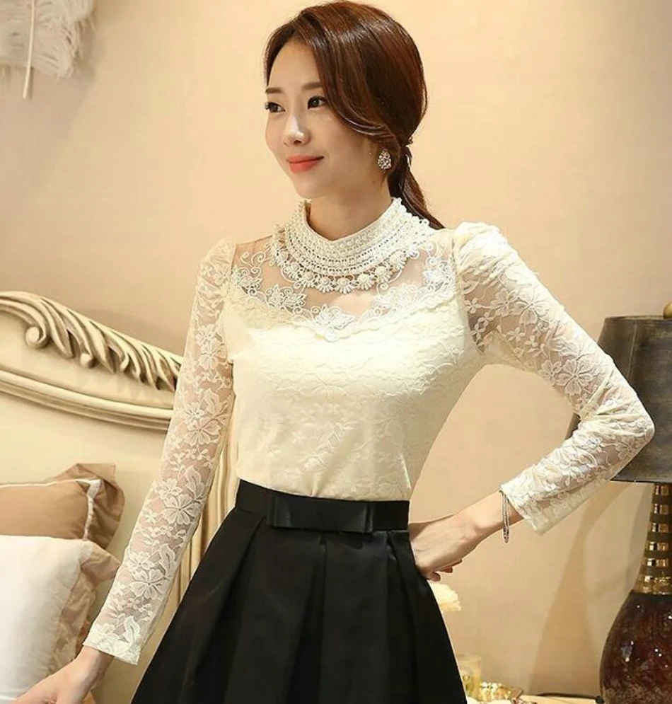 Lace Blouse 2017 Fashion Autumn Women Blouse with Long Sleeve White Studded Beaded Pluse Size Blouses07