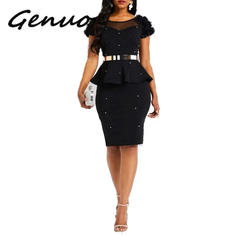 

Bodycon Dress Women Ruffles Beading Black Elegant Party Stylish Solid Summer Casual Evening Female Club Wear Sexy Dresses
