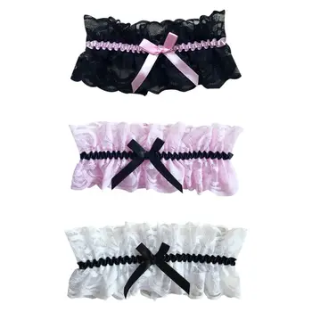 

Wedding Bridal Elastic Wide Pleated Ruched Thigh Garter Belt Floral Lace Contrast Color Ribbon Bowknot Women Cosplay Leg Ring