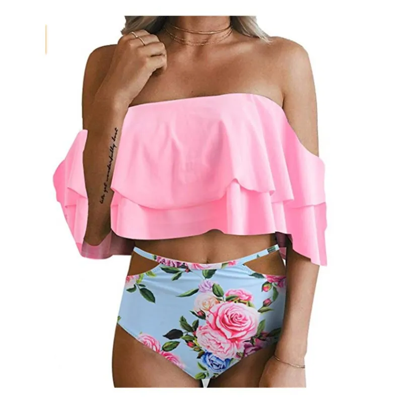 

High Waist Swimsuit 2019 Sexy Bikini Women Swimwear Ruffle Bandeau Striped Bikini Set Bathing Suits Off Shoulder Bandage Print