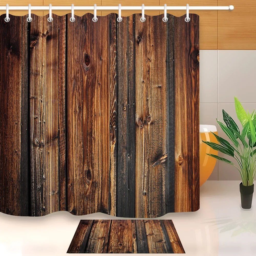 Rustikální dřevo panel hnědá deska ohrada sprcha záclona a koupat rohož sada vodotěsný polyesterová koupelna textilie pro vana dekorace