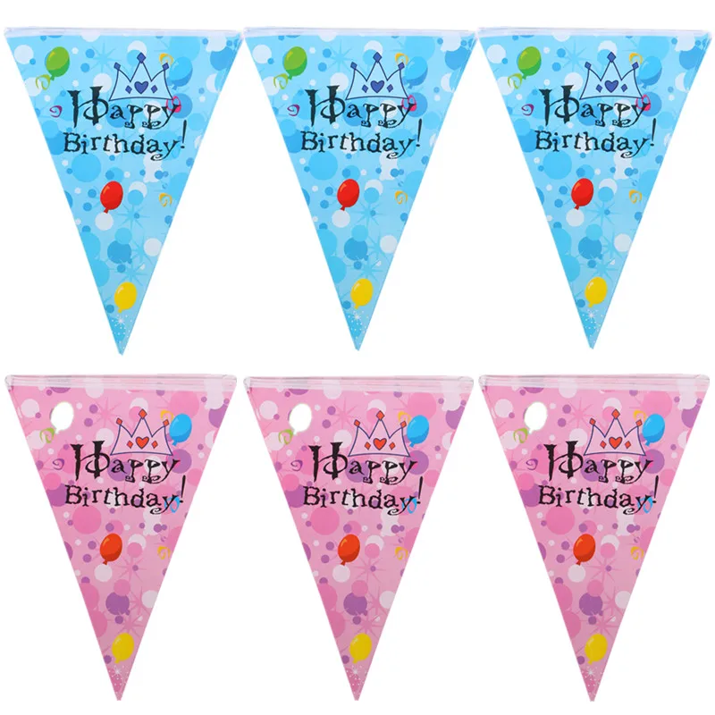Happy Birthday Banners Pulling Flag Crown Balloons Birthday Hanging Flags Blue Pink For Birthday Party Accessories Decoration