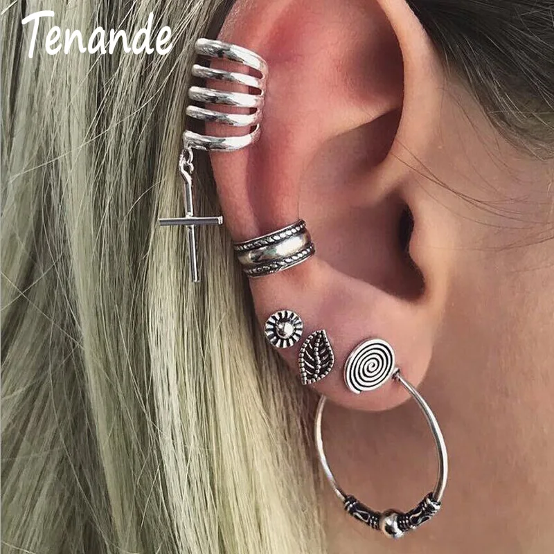 

Tenande 6 Pairs/Set Punk Big Statement Hollow Spiral Leaf Flower Cross Clip Earrings Set for Women New Fashion Femme Bijuterias