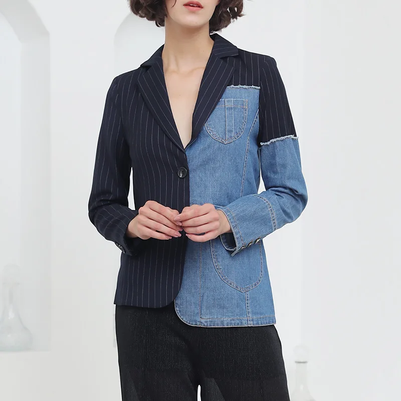 

2019 Spring New Stripe Splice Cowboy Small Suit Loose Irregular Hem Blazer Women Single Breasted Notched High Street Button