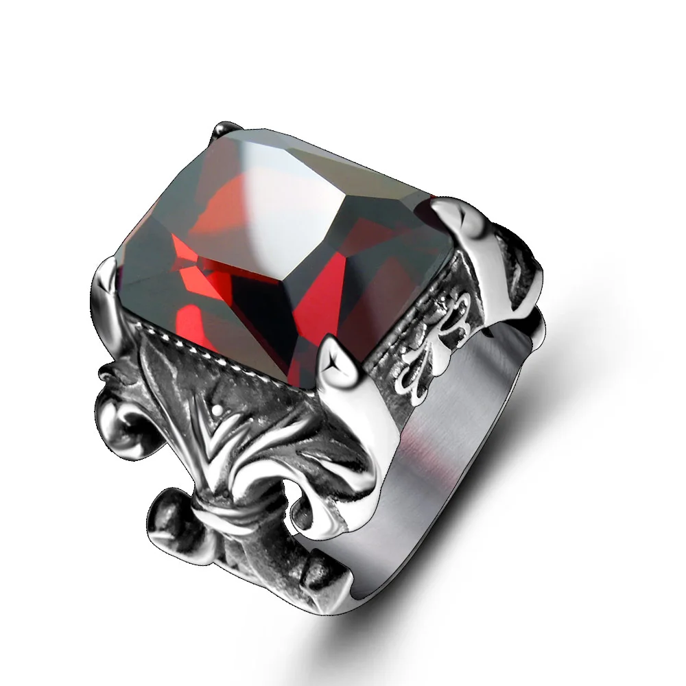 Punk Real stainless steel Ruby Ring Men's 13KT big red stones Finger