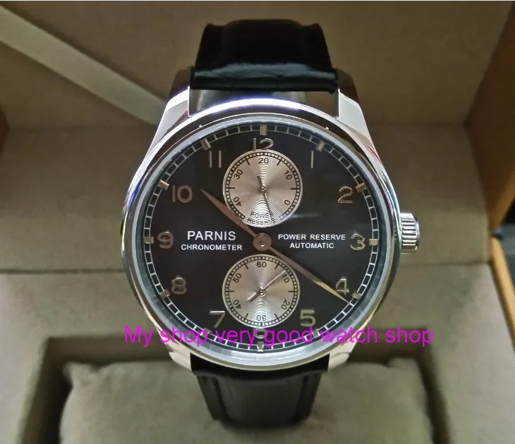 

43MM PARNIS Automatic Self-Wind movement blue dial power reserve men's watch black Leather Strap Mechanical watches 175a