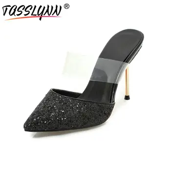 

2019 TASSLYNN Women Sandals Sequins Thin High Heel Pointed Toe Shoes Slip on Bling Slingback Wedding Women Shoes Size 34-43