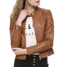 2017 Fashion Women Elegant Zipper Faux Leather Biker Jacket in Brown Black Slim Ladies Coat Casual brand Motorcycle Leather Coat