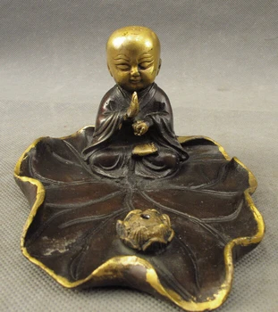 

Chinese Bronze Gilt Pray Bless Kid Child Monk Buddha On Lotus Leaf Statue Plate