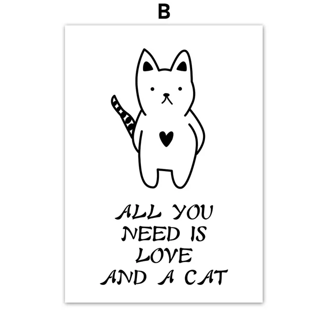 Cartoon Black White Cat Quotes Wall Art Canvas Painting Nordic Posters