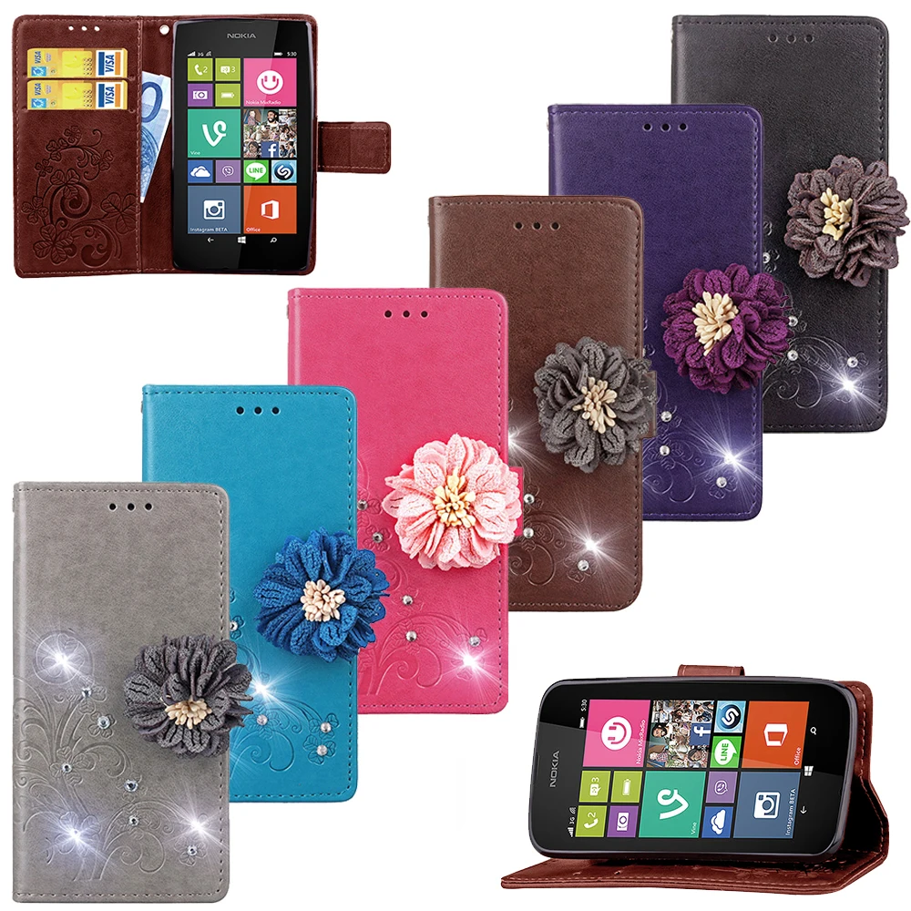 

For Nokia Lumia 530 N530 Drilling 3D flowers Flip vertical case cover Mobile phone Bags Holster Senior Leather Case Phone cover