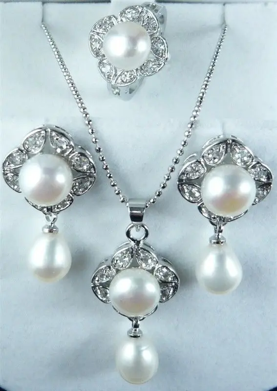 

New Charming 12mm White Shell Pearl Pendant Earring And Ring(#7.8.9) Jewelry Set AAA style Fine Noble real Natural free shipping