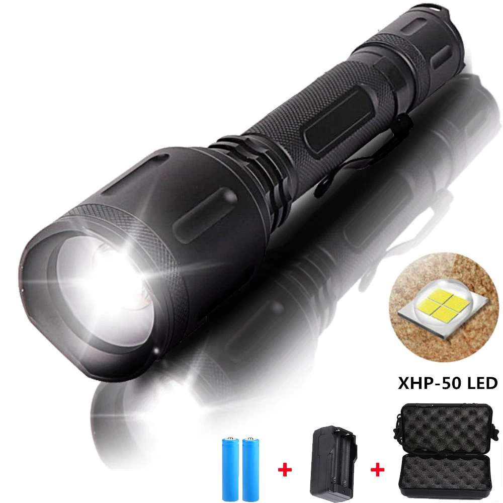 

12000 Lumen Powerful XHP50 LED flashlight Tactical Zoom torch Rechargeable Lantern Power by 18650 battery for Camping