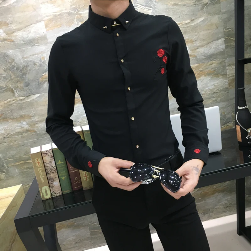 

High Quality Men Shirt Fashion 2019 Spring Slim Fit Embroidery Dress Shirts Men Long Sleeve Night Club Casual Social Shirt Male